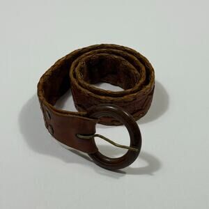 Vintage Brown Handmade Leather Belt with Wooden Round Buckle and Braided Detail